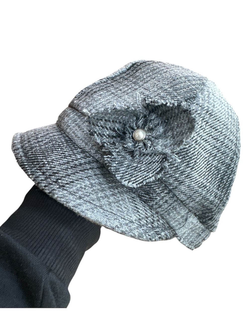 Women’s Gray Tweed Flower Accent Cap Coquette Girl